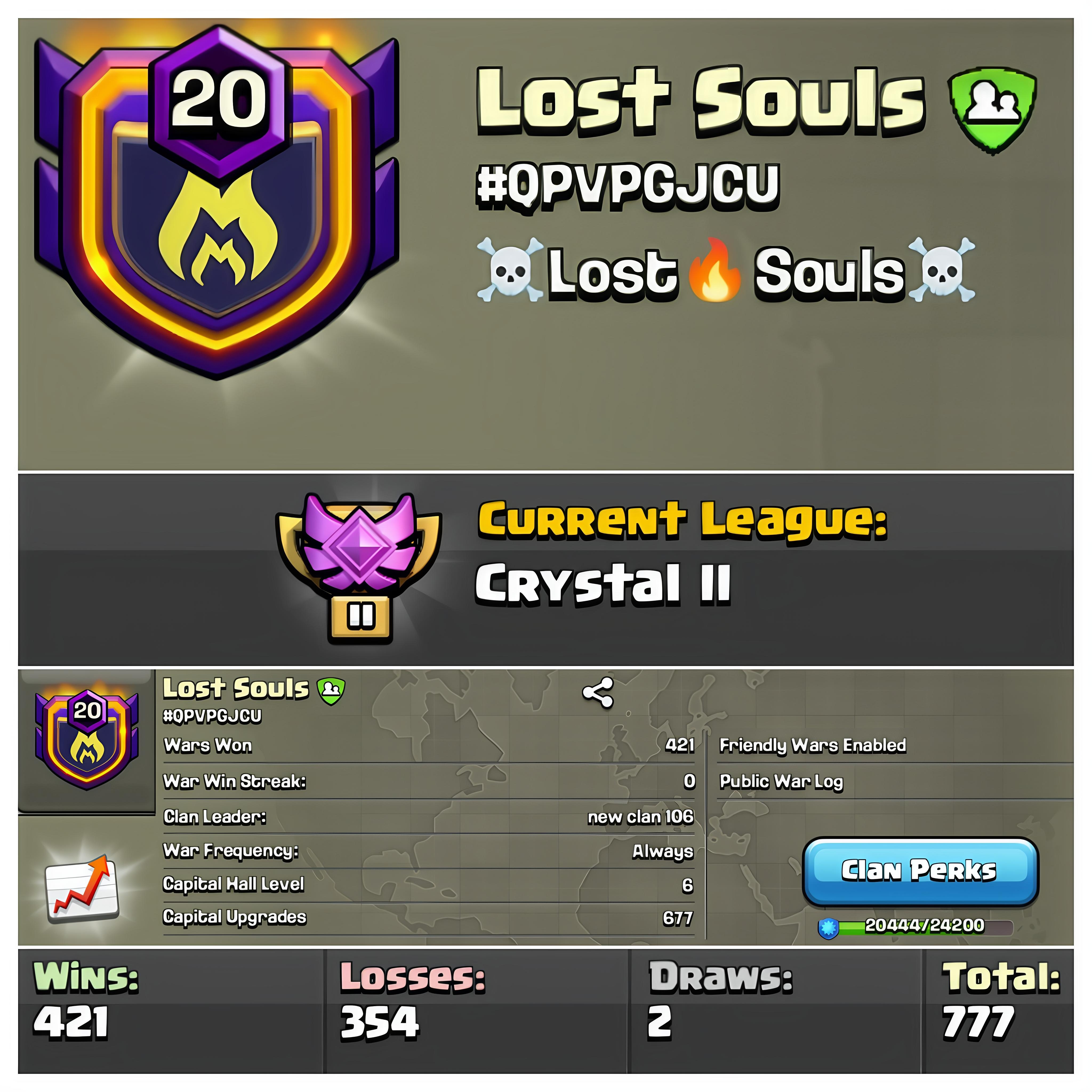 Deadly Name🔥Lost Souls🔥Lvl 20 Clan🔥421 Wins🔥Crystal League 2🔥Grab it Fast!