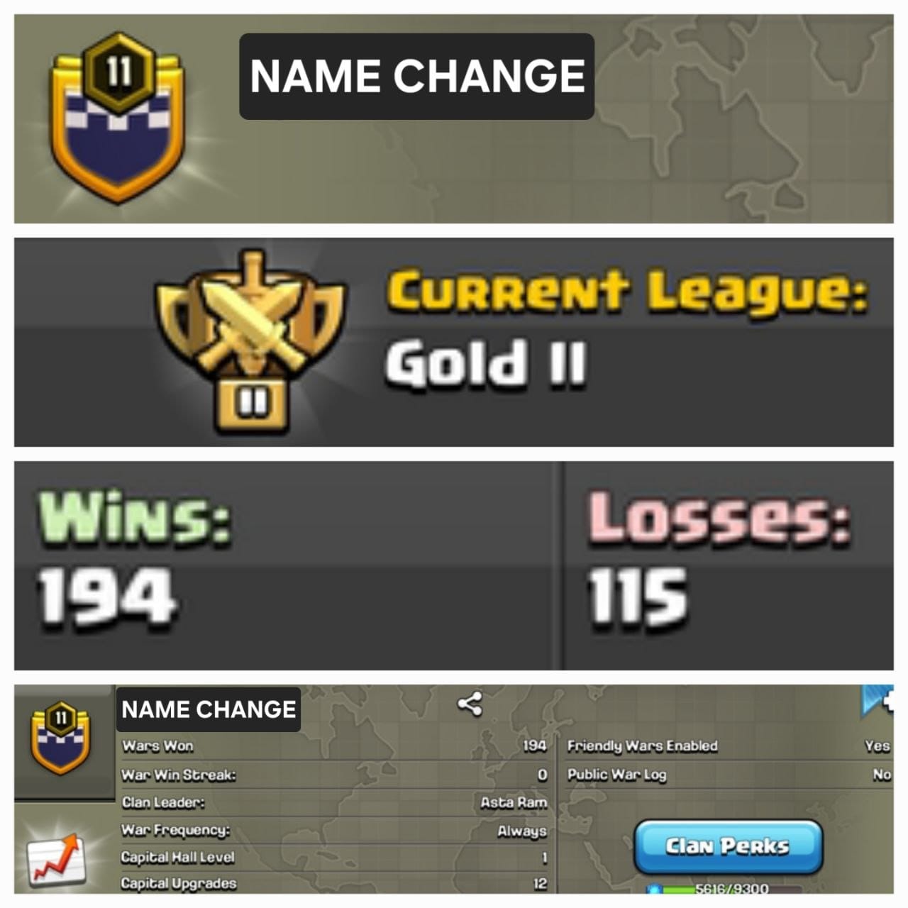Level 11 name change clan || gold 2 || positive warlog 194-115