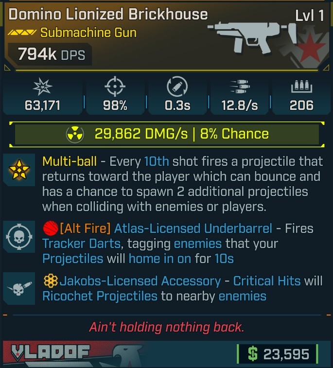 ⭐[MODDED] L1 BRICKHOUSE - 794K DPS (+29K RADIATION DMG/S) - 98% ACCURACY - 0.3s RELOAD - 12.8/s FIRE RATE - 206 MAG SIZE⭐