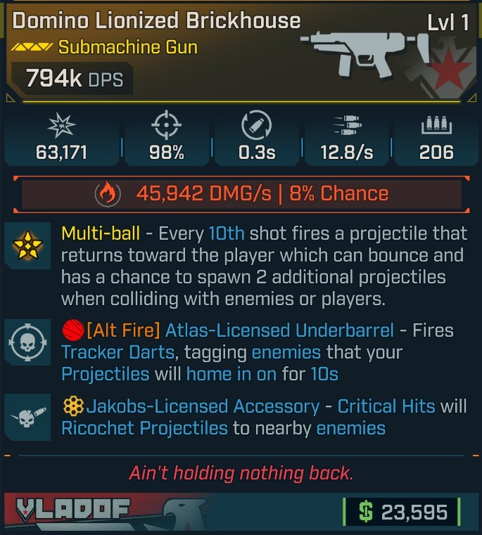 ⭐[MODDED] L1 BRICKHOUSE - 794K DPS (45K FIRE DMG/S) - 98% ACCURACY - 0.3s RELOAD - 12.8/s FIRE RATE - 206 MAG SIZE⭐