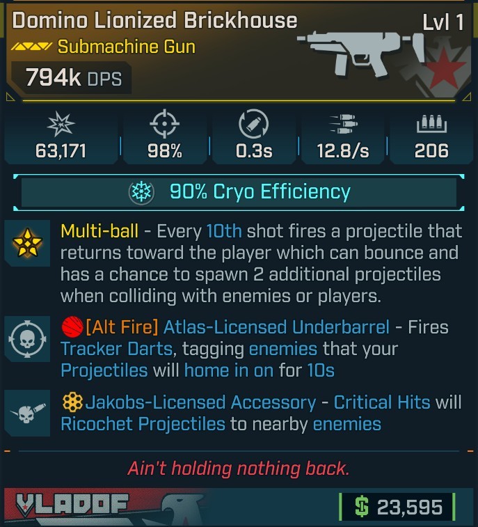 ⭐[MODDED] L1 BRICKHOUSE - 794K DPS (90% CRYO EFFICIENCY) - 98% ACCURACY - 0.3s RELOAD - 12.8/s FIRE RATE - 206 MAG SIZE⭐