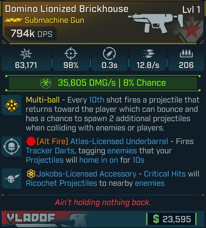⭐[MODDED] L1 BRICKHOUSE - 794K DPS (+35K CORROSIVE DMG/S) - 98% ACCURACY - 0.3s RELOAD - 12.8/s FIRE RATE - 206 MAG SIZE⭐