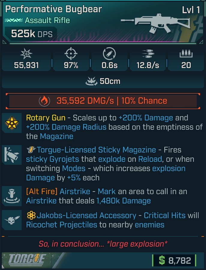 ⭐[MODDED] L1 BUGBEAR - 525K DPS (+401K FIRE DMG/s) - 96% ACCURACY -  0.6s RELOAD - 11.4/s FIRE RATE - AIRSTRIKE 17M DMG - STICKY GYROJETS - RICOCHET⭐