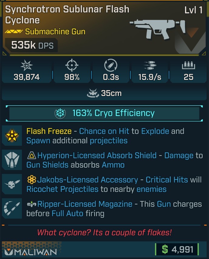 ⭐[MODDED] L1 FLASH CYCLONE (163% CRYO EFFICIENCY) - 535K DPS - 98% ACCURACY - 0.3s RELOAD - 15.9/s FIRE RATE - HYP ABSORB - RICOCHET - RIPPER MAG⭐