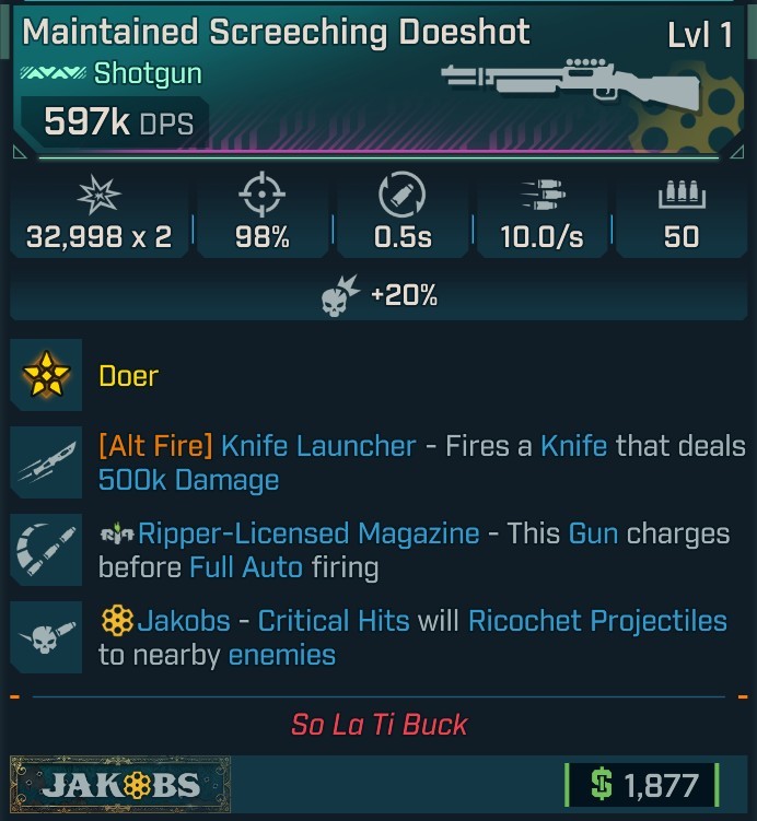 ⭐[MODDED] L1 DOESHOT - 597K DPS - 98% ACCURACY -  0.5s RELOAD - 10.0/s FIRE RATE - KNIFE LAUNCHER 500K DMG - RIPPER FULL AUTO INSTANT CHARGE⭐