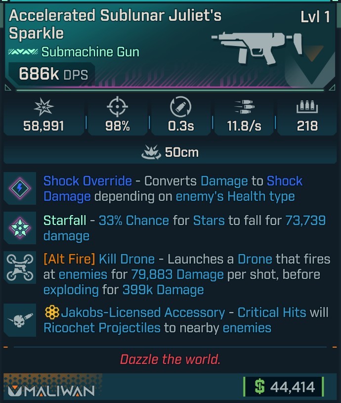 ⭐[MODDED] L1 JULIET'S SPARKLE (SHOCK CONVERT) - 686K DPS - 98% ACCURACY - 11.8/s F.RATE - 0.3S RELOAD - 218 MAG SIZE - RICOCHET - ALT FIRE KILL DRONE⭐