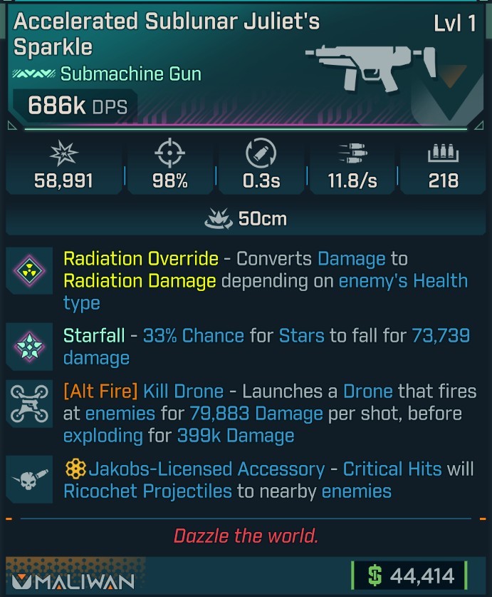 ⭐[MODDED] L1 JULIET'S SPARKLE (RADIATION CONVERT) - 686K DPS - 98% ACCURACY - 11.8/s F.RATE - 0.3S RELOAD - 218 MAG SIZE - RICOCHET - ALT FIRE KILL DRONE⭐