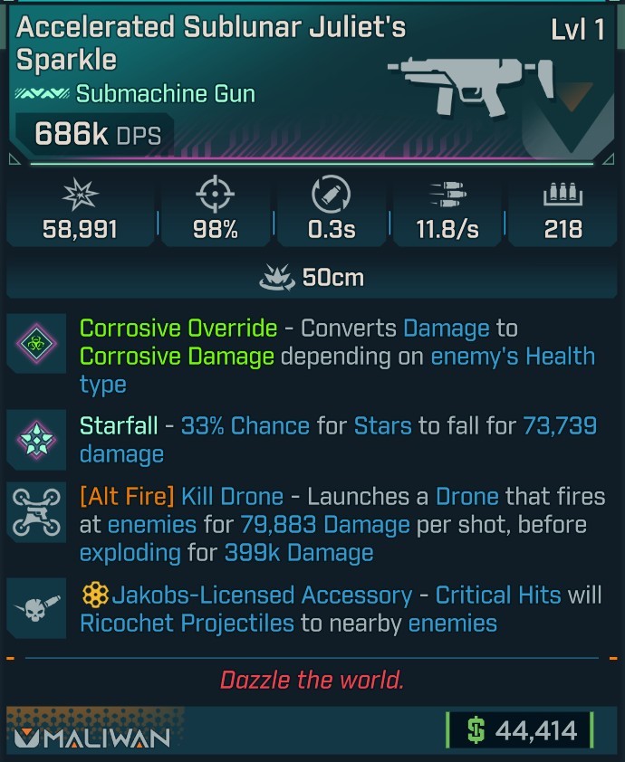 ⭐[MODDED] L1 JULIET'S SPARKLE (CORROSIVE CONVERT) - 686K DPS - 98% ACCURACY - 11.8/s F.RATE - 0.3S RELOAD - 218 MAG SIZE - RICOCHET - ALT FIRE KILL DRONE⭐