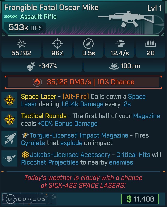 ⭐[MODDED] L1 OSCAR MIKE - 533K DPS (+35K FIRE DMG/S) - 96% ACCURACY - 0.5S RELOAD - 12.4/s F.RATE - SPACE LASER 1,614K DMG - RICOCHET - GYROJETS⭐