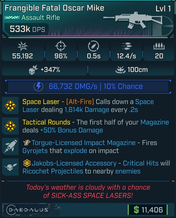 ⭐[MODDED] L1 OSCAR MIKE - 533K DPS (+66K SHOCK DMG/S) - 96% ACCURACY - 0.5S RELOAD - 12.4/s F.RATE - SPACE LASER 1,614K DMG - RICOCHET - GYROJETS⭐