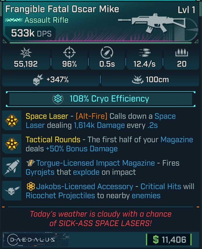 ⭐[MODDED] L1 OSCAR MIKE - 533K DPS (108% CRYO EFF) - 96% ACCURACY - 0.5S RELOAD - 12.4/s F.RATE - SPACE LASER 1,614K DMG - RICOCHET - GYROJETS⭐