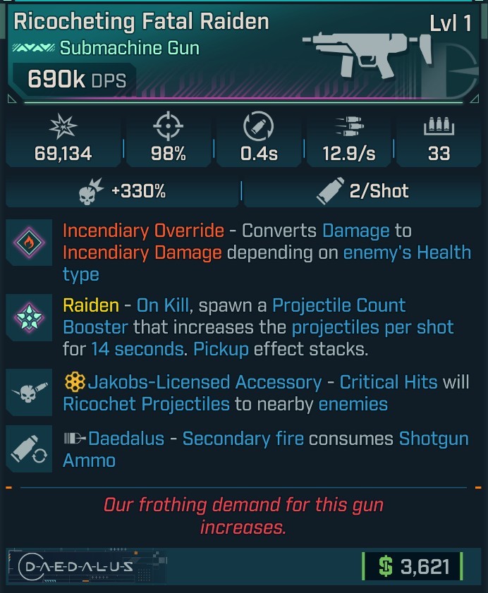 ⭐[MODDED] L1 RAIDEN (FIRE CONVERT) - 690K DPS - 98% ACCURACY - 12.9/s FIRE RATE - 0.4s RELOAD - RICOCHET - 2ND FIRE SHOTGUN AMMO⭐