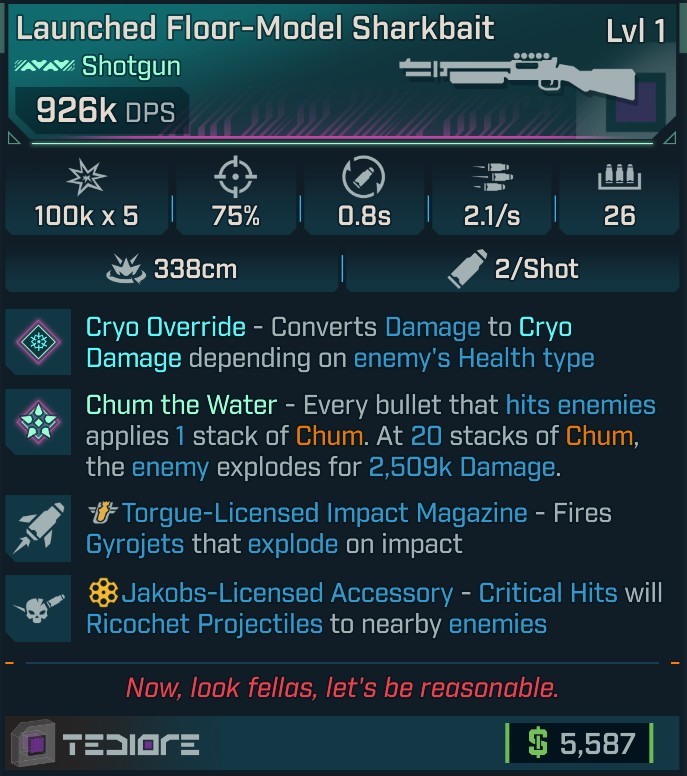 ⭐[MODDED] L1 SHARKBAIT (CRYO CONVERT) - 926K DPS - 75% ACCURACY - 2.1/s FIRE RATE - 0.8s RELOAD - 26 MAG SIZE - RICOCHET - GYROJETS⭐