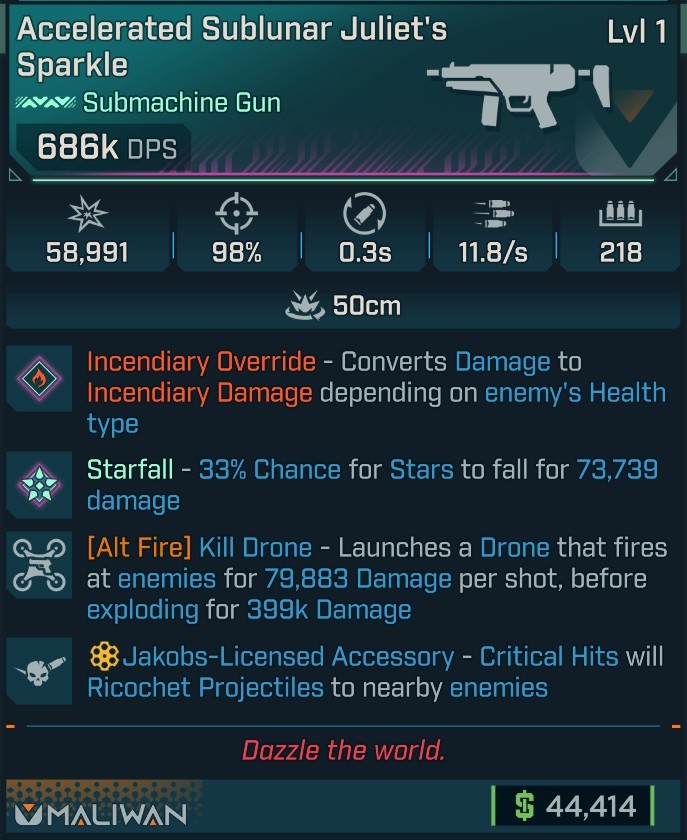 ⭐[MODDED] L1 JULIET'S SPARKLE (FIRE CONVERT) - 686K DPS - 98% ACCURACY - 11.8/s F.RATE - 0.3S RELOAD - 218 MAG SIZE - RICOCHET - ALT FIRE KILL DRONE⭐