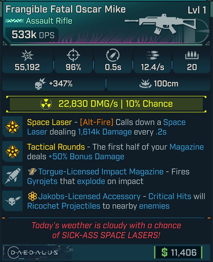 ⭐[MODDED] L1 OSCAR MIKE - 533K DPS (+22K RAD DMG/S) - 96% ACCURACY - 0.5S RELOAD - 12.4/s F.RATE - SPACE LASER 1,614K DMG - RICOCHET - GYROJETS⭐