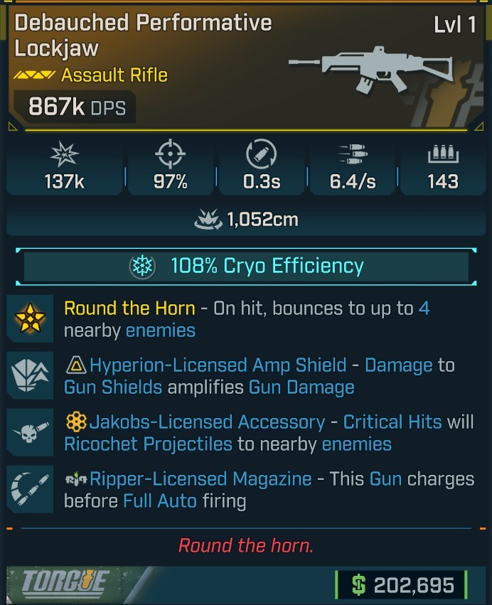⭐[MODDED] L1 LOCKJAW - 867K DPS (108% CRYO EFF) - 97% ACC - 0.3s RELOAD - 6.4/s F.RATE - 143 MAG - RICOCHET - RIPPER MAG⭐