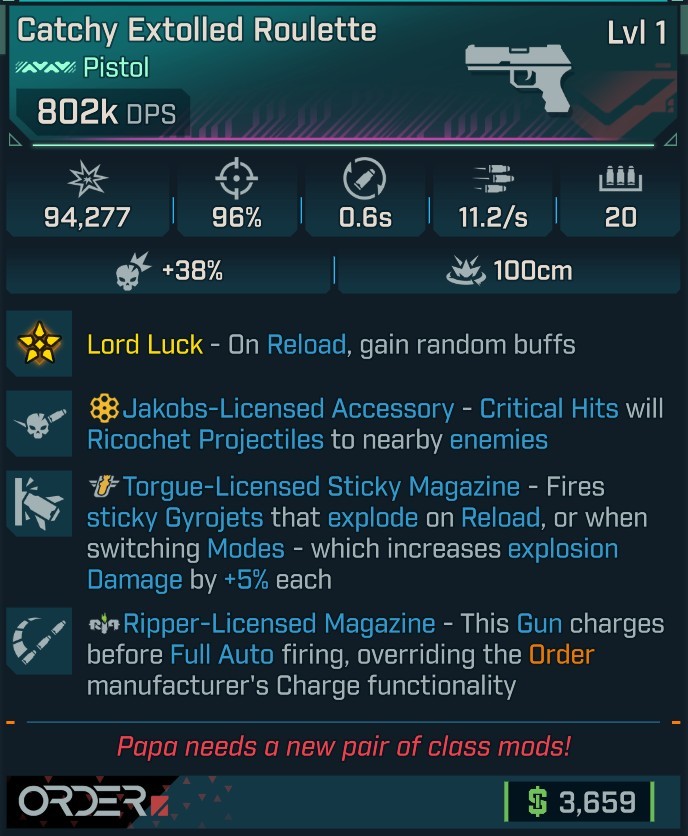 ⭐[MODDED] L1 ROULETTE - 802K DPS - 96% ACC - 11.2s FIRE RATE - 0.6s RELOAD - RIPPER MAG (INSTANT) - STICKY GYROJETS!⭐