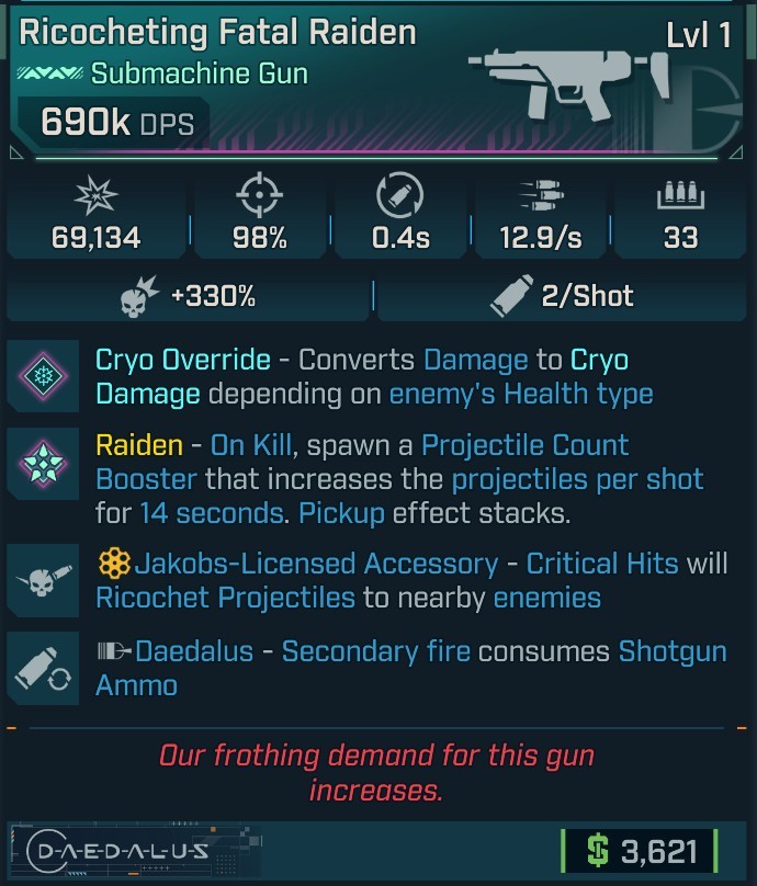 ⭐[MODDED] L1 RAIDEN (CRYO CONVERT) - 690K DPS - 98% ACCURACY - 12.9/s FIRE RATE - 0.4s RELOAD - RICOCHET - 2ND FIRE SHOTGUN AMMO⭐