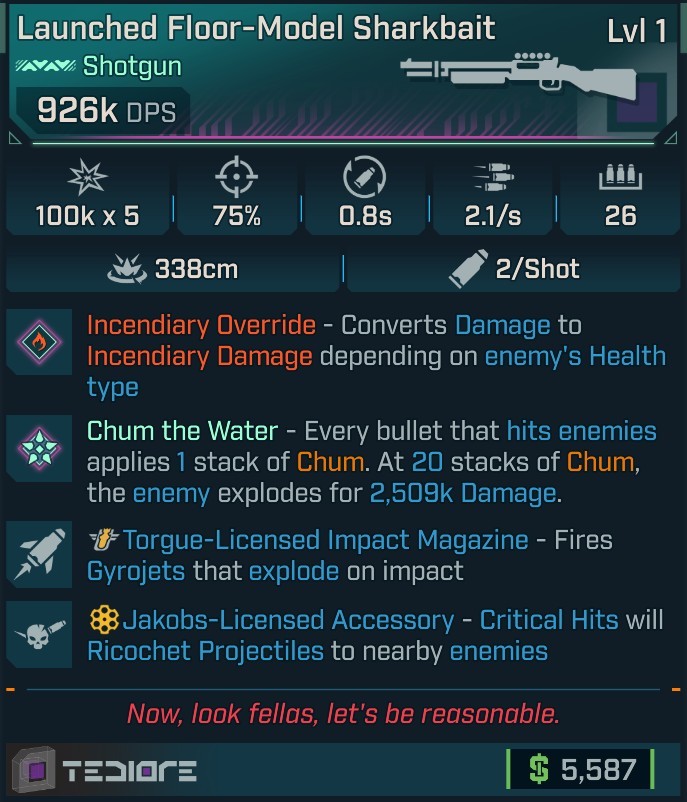 ⭐[MODDED] L1 SHARKBAIT (FIRE CONVERT) - 926K DPS - 75% ACCURACY - 2.1/s FIRE RATE - 0.8s RELOAD - 26 MAG SIZE - RICOCHET - GYROJETS⭐