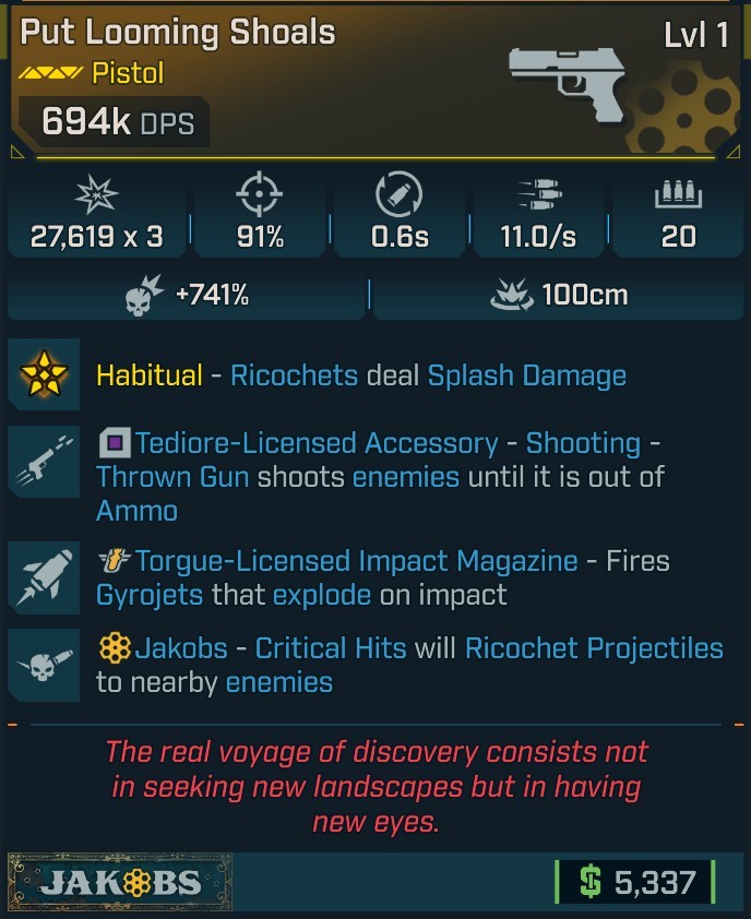 ⭐[MODDED] L1 SHOALS - 694K DPS - 741% CRIT DMG - 91% ACCURACY - 06s RELOAD - 11.0/s FIRE RATE - GYROJETS - RICOCHET - TEDIORE SHOOTING⭐