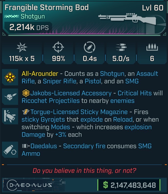 ⭐[MODDED] L60 BOD - 2,214K DPS - 5.0/s FIRE RATE - 0.4s RELOAD - TORGUE STICKY MAG - JAKOBS RICOCHET - DAEDALUS 2ND FIRE⭐