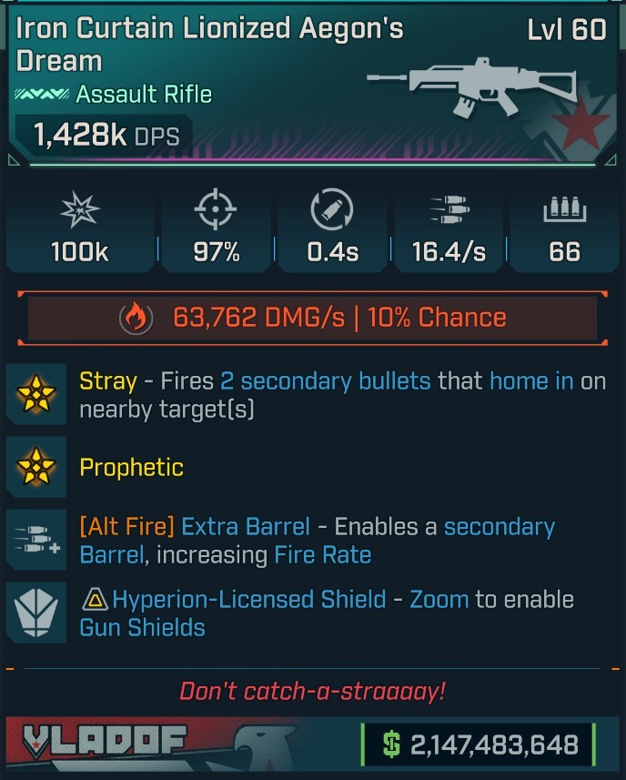 ⭐[MODDED] L60 AEGON'S DREAM - 1,428K DPS (+63,762 FIRE DMG/s) - 16.4/s FIRE RATE - 0.4s RELOAD - STRAY PERK⭐