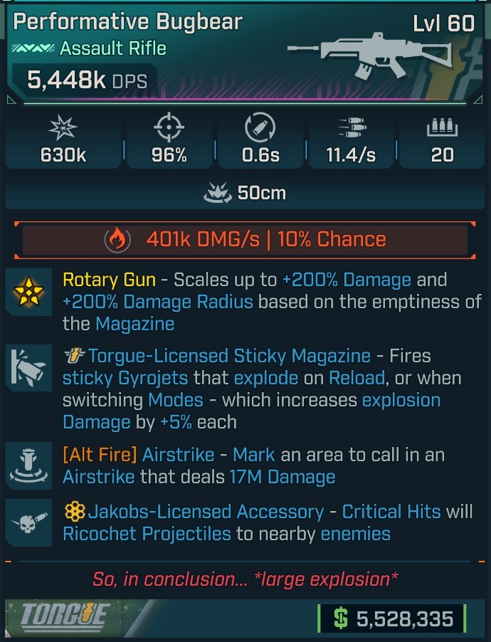 ⭐[MODDED] L60 BUGBEAR - 6,276K DPS (+401K FIRE DMG/s) - 96% ACCURACY - 0.6s RELOAD - 11.4/s FIRE RATE - AIRSTRIKE 17M DMG - STICKY GYROJETS - RICOCHET⭐