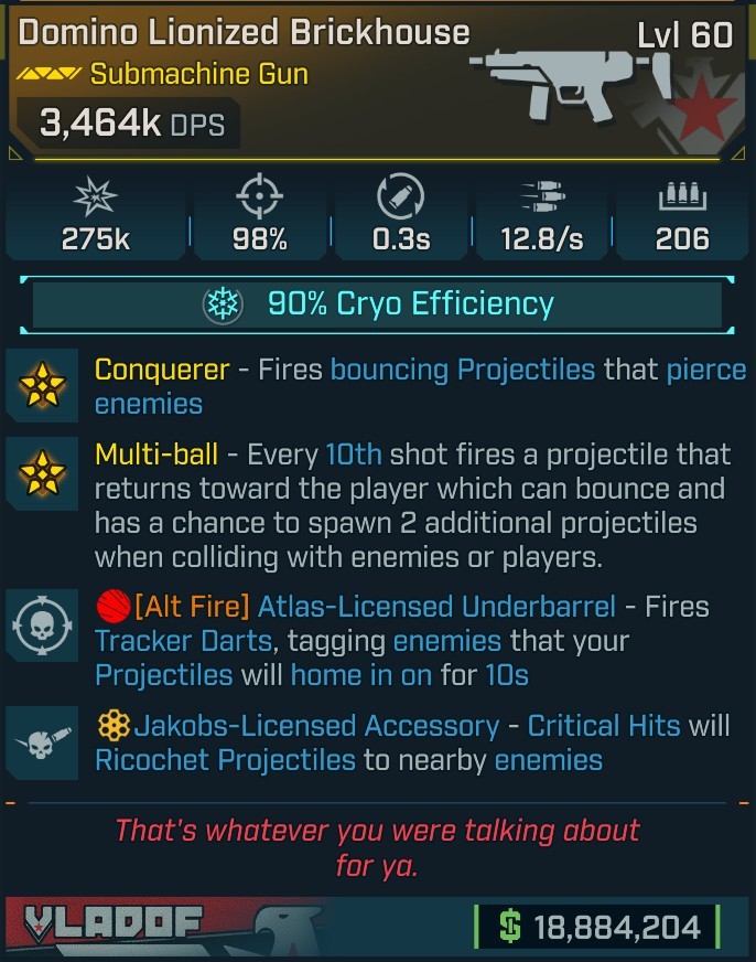 ⭐[MODDED] L60 BRICKHOUSE - 3,464K DPS (90% CRYO EFFICIENCY) - 98% ACCURACY - 0.3s RELOAD - 12.8/s FIRE RATE - 206 MAG SIZE - CONQUEROR⭐