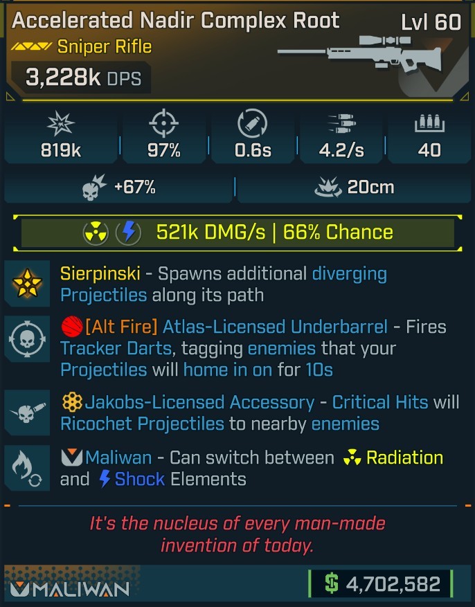 ⭐[MODDED] L60 COMPLEX ROOT (RADIATION/SHOCK) - 3,228K DPS - 97% ACCURACY - 4.2/s F.RATE - 0.6S RELOAD - 40 MAG SIZE - RICOCHET - ATLAS UNDERBARREL⭐