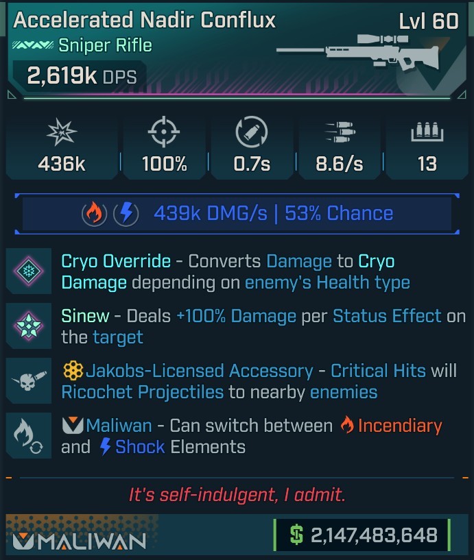 ⭐[MODDED] L60 CONFLUX (CRYO CONVERT) - 2,619K DPS (+FIRE/SHOCK DMG) - 100% ACC - 8.6/s FIRE RATE - 0.7s RELOAD - RICOCHET - BEST AUTO SNIPER!⭐