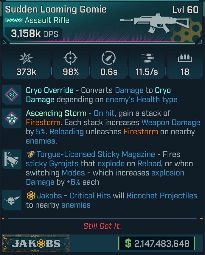 ⭐[MODDED] L60 GOMIE (CRYO CONVERT) - 3,158K DPS - 98% ACCURACY - 11.5/s FIRE RATE - 0.6s RELOAD - RICOCHET - TORGUE STICKY GYROJETS⭐