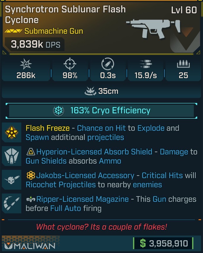 ⭐[MODDED] L60 FLASH CYCLONE (163% CRYO EFFICIENCY) - 3,839K DPS - 98% ACCURACY - 0.3s RELOAD - 15.9/s FIRE RATE - HYP ABSORB - RICOCHET - RIPPER MAG⭐