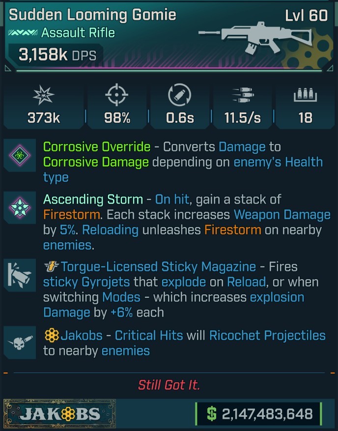 ⭐[MODDED] L60 GOMIE (CORROSIVE CONVERT) - 3,158K DPS - 98% ACCURACY - 11.5/s FIRE RATE - 0.6s RELOAD - RICOCHET - TORGUE STICKY GYROJETS⭐