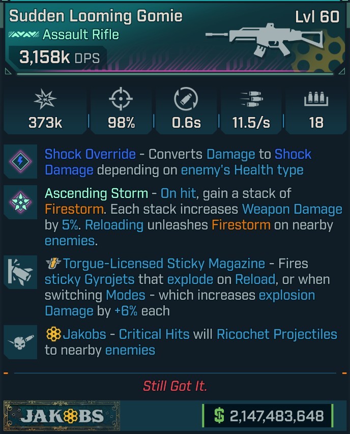 ⭐[MODDED] L60 GOMIE (SHOCK CONVERT) - 3,158K DPS - 98% ACCURACY - 11.5/s FIRE RATE - 0.6s RELOAD - RICOCHET - TORGUE STICKY GYROJETS⭐