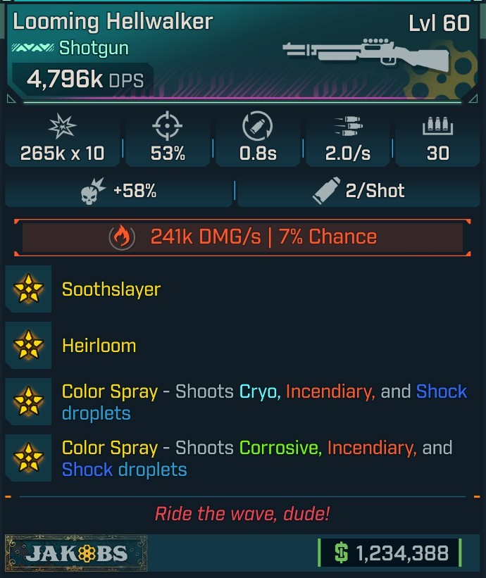 ⭐[MODDED] L60 HELLWALKER - 4,796K DPS (+241K FIRE DMG/s) - 30 MAG SIZE - 53% ACCURACY - 0.8s RELOAD - 2.0/s FIRE RATE - DOUBLE COLOR SPRAY!⭐