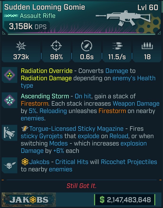 ⭐[MODDED] L60 GOMIE (RADIATION CONVERT) - 3,158K DPS - 98% ACCURACY - 11.5/s FIRE RATE - 0.6s RELOAD - RICOCHET - TORGUE STICKY GYROJETS⭐