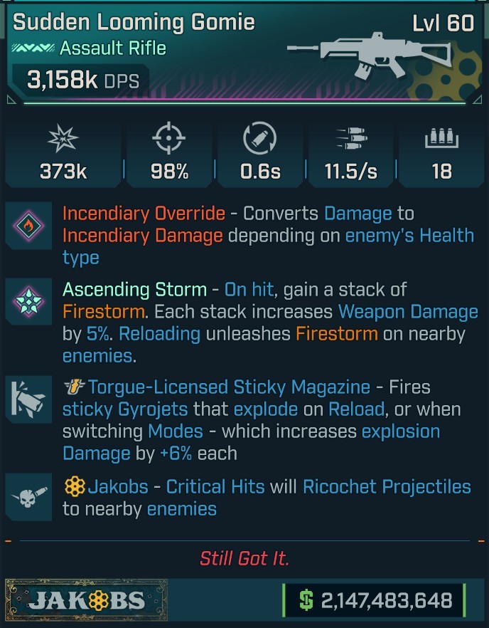 ⭐[MODDED] L60 GOMIE (FIRE CONVERT) - 3,158K DPS - 98% ACCURACY - 11.5/s FIRE RATE - 0.6s RELOAD - RICOCHET - TORGUE STICKY GYROJETS⭐