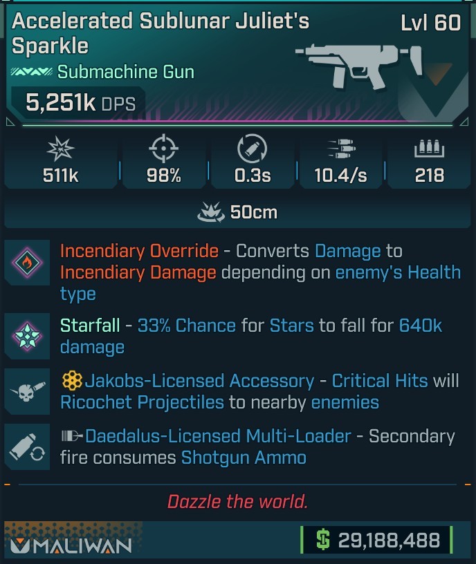 ⭐[MODDED] L60 JULIET'S SPARKLE (FIRE CONVERT) - 5,251K DPS - 98% ACCURACY - 10.4/s F.RATE - 0.3S RELOAD - 218 MAG SIZE - RICOCHET - 2ND FIRE SG AMMO⭐