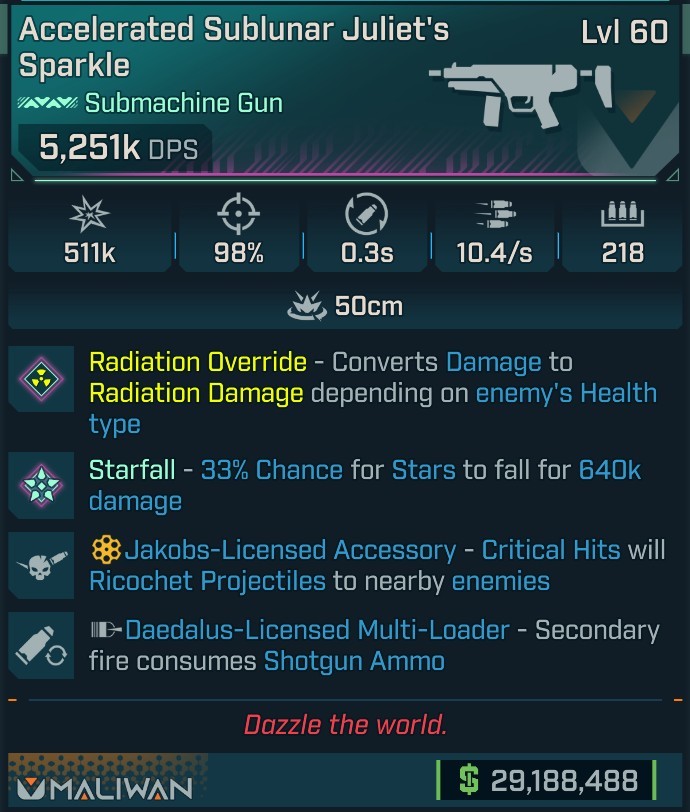 ⭐[MODDED] L60 JULIET'S SPARKLE (RADIATION CONVERT) - 5,251K DPS - 98% ACCURACY - 10.4/s F.RATE - 0.3S RELOAD - 218 MAG SIZE - RICOCHET - 2ND FIRE SG AMMO⭐