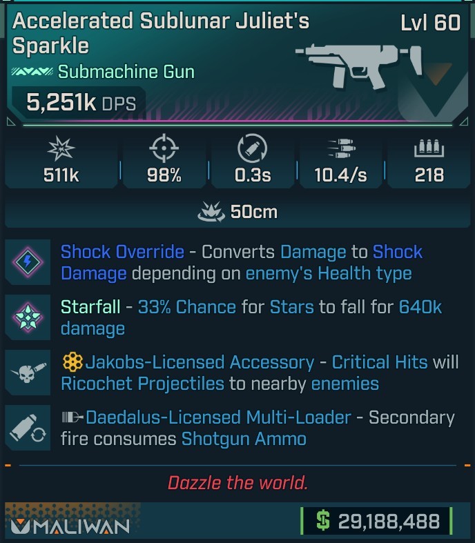 ⭐[MODDED] L60 JULIET'S SPARKLE (SHOCK CONVERT) - 5,251K DPS - 98% ACCURACY - 10.4/s F.RATE - 0.3S RELOAD - 218 MAG SIZE - RICOCHET - 2ND FIRE SG AMMO⭐