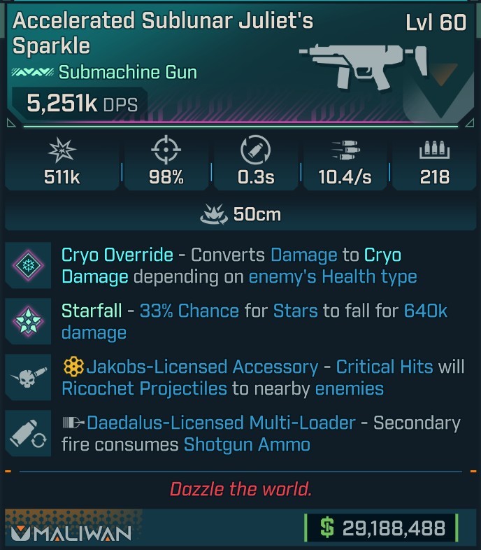 ⭐[MODDED] L60 JULIET'S SPARKLE (CRYO CONVERT) - 5,251K DPS - 98% ACCURACY - 10.4/s F.RATE - 0.3S RELOAD - 218 MAG SIZE - RICOCHET - 2ND FIRE SG AMMO⭐