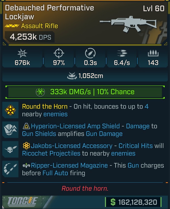 ⭐[MODDED] L60 LOCKJAW - 4,253K DPS (+333K CORROSIVE DMG/S) - 97% ACC - 0.3s RELOAD - 6.4/s F.RATE - 143 MAG - RICOCHET - RIPPER MAG⭐