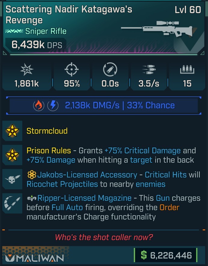 ⭐[MODDED] L60 KATAGAWA'S REVENGE - 6,439K DPS (+2,138k SHOCK/1,125k FIRE DMG/s) - 3.5/s FIRE RATE - NO RELOAD - PRISON RULES⭐