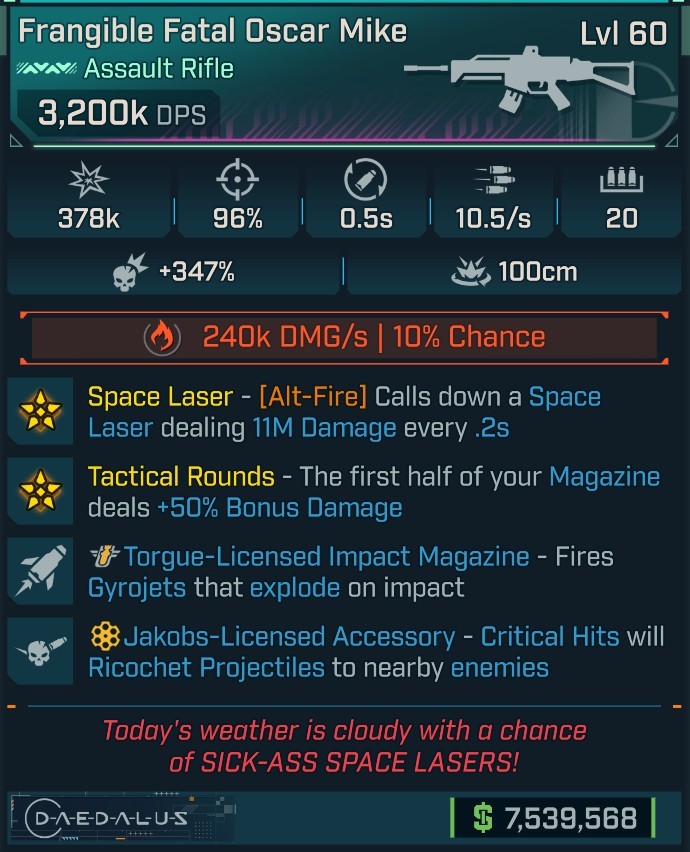 ⭐[MODDED] L60 OSCAR MIKE - 3,200K DPS (+240K FIRE DMG/S) - 96% ACCURACY - 0.5S RELOAD - 10.5/s F.RATE - SPACE LASER 11M DMG - RICOCHET - GYROJETS⭐