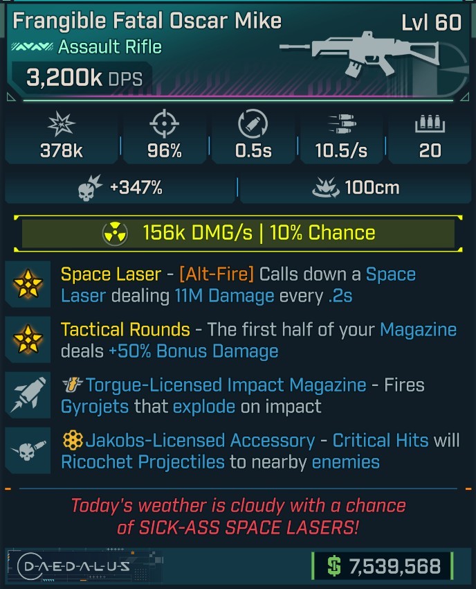 ⭐[MODDED] L60 OSCAR MIKE - 3,200K DPS (+156K RAD DMG/S) - 96% ACCURACY - 0.5S RELOAD - 10.5/s F.RATE - SPACE LASER 11M DMG - RICOCHET - GYROJETS⭐