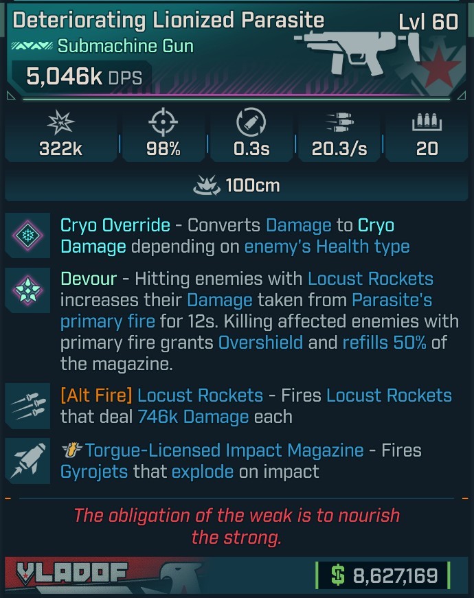 ⭐[MODDED] L60 PARASITE (CRYO CONVERT) - 5,046K DPS - 98% ACCURACY - 20.3/s FIRE RATE - 0.3s RELOAD - LOCUST ROCKETS 746K DMG - RICOCHET - GYROJETS⭐