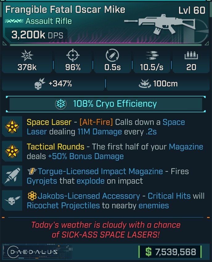 ⭐[MODDED] L60 OSCAR MIKE 3,200K DPS (108% CRYO EFF) - 96% ACCURACY - 0.5S RELOAD - 10.5/s F.RATE - SPACE LASER 11M DMG - RICOCHET - GYROJETS⭐
