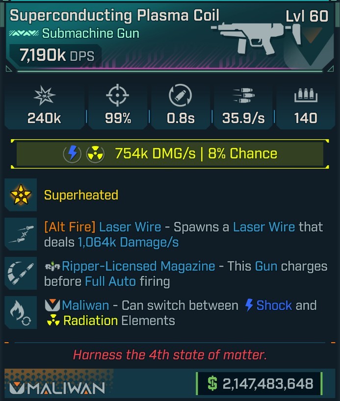 ⭐[MODDED] L60 PLASMA COIL (RAD/SHOCK) - 7,190K DPS - 99% ACCURACY - 35.9/s FIRE RATE - 0.8s RELOAD - LASER WIRE 1,064K DMS - RIPPER INSTA CHARGE⭐