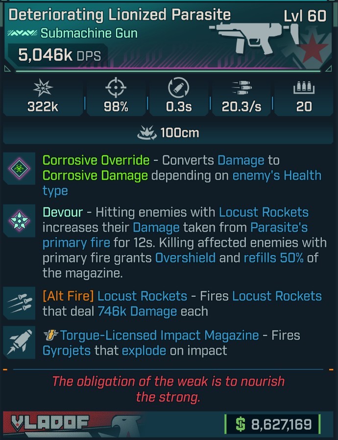 ⭐[MODDED] L60 PARASITE (CORROSIVE CONVERT) - 5,046K DPS - 98% ACCURACY - 20.3/s FIRE RATE - 0.3s RELOAD - LOCUST ROCKETS 746K DMG - RICOCHET - GYROJETS⭐