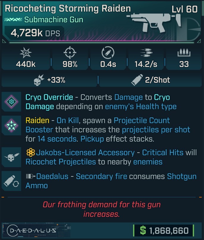 ⭐[MODDED] L60 RAIDEN (CRYO CONVERT) - 4,729K DPS - 98% ACCURACY - 14.2/s FIRE RATE - 0.4s RELOAD - RICOCHET - 2ND FIRE SHOTGUN AMMO⭐
